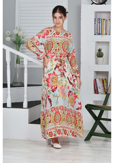 Kız Çocuk Viskon Kumaş Desenli Uzun Elbise Kiremit