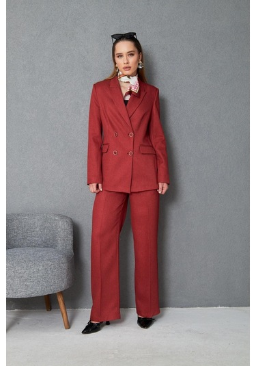 4 Düğmeli Kruvaze Yünefekt Takım Kırmızı Kırmızı
