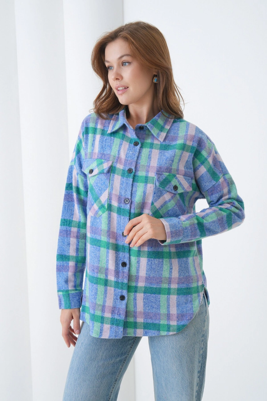 Kadın Desen Bloklu Oduncu Oversize Bol Ve Geniş Kalıp Casual Cepli Yakalı Ceket Gömlek Mor