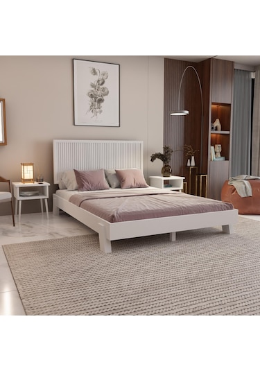 Alaz Model Beyaz Renk Çam Ahşap Karyola Dikey -264 200 x 200 CM