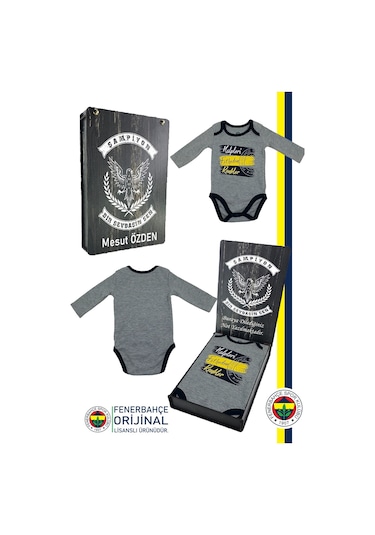Fenerbahçe Lisanslı Kalpleri Fetheden Renkler Bebek Body Zıbın Kişiye Özel Hediyelik Ahşap Kutulu Gri