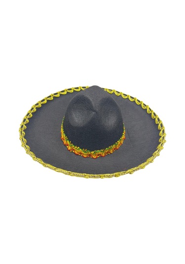 Meksika Mariachi Latin Şapkası Lüks 41cm Siyah Zemin Üstüne Altın Sim Kenarlıklı Parti Kostümü