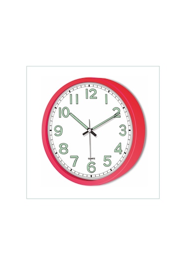 Gece Görünen Kırmızı Çerçeveli Kasalı 22 Cm Fosforlu Duvar Saati Kırmızı