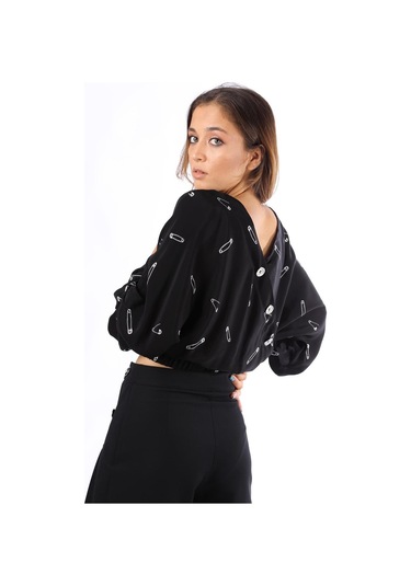 Modatalika Bayan Günlük Çengeli İğne Desenli Siyah Bluz Siyah