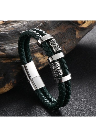 Yeni Paslanmaz Çelik Deri Halat Bileklik İskandinav Viking Serisi Çift Katmanlı Dokuma Deri Erkek Bilekliği Yeşil