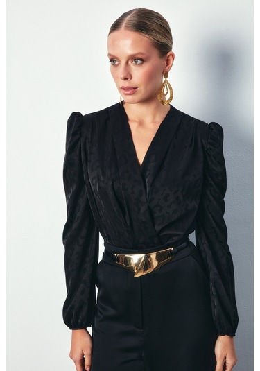 Sateen Kruvaze Desenli Bodysuit Bluz - Siyah-134273