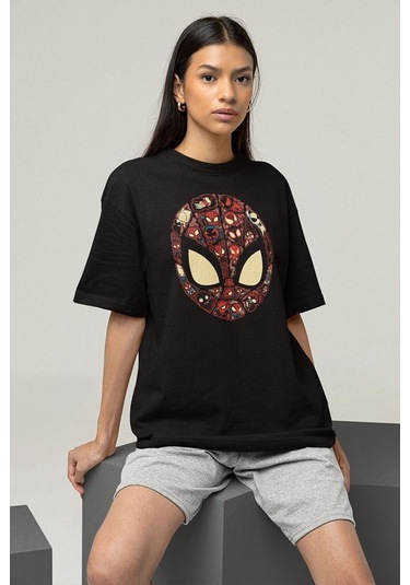 Maske Örümcek Adam Baskılı Unisex Oversize Marvel Tişört Siyah