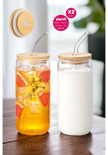Tilbe Home 2li Bambu Kapaklı Pipetli Cam Bardak 550 Ml