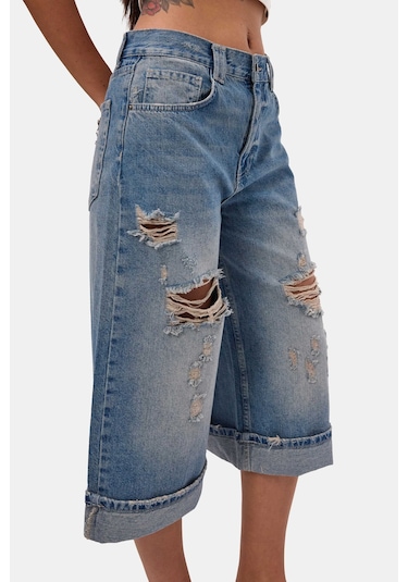 Itsbasic Kadın Kot Rengi 10s6-84 Yırtık Detaylı Maxi Bermuda Şort
