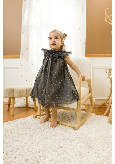 Desenli Tül Kız Bebek Çocuk Elbise 13630 Siyah