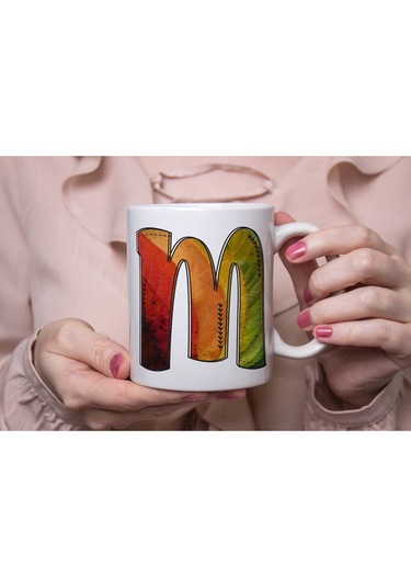 M Harf Yaprak Renkleri İle Kupa Bardak - Kişiye Özel Alfabe Harfli Bardak - Hediye Beyaz