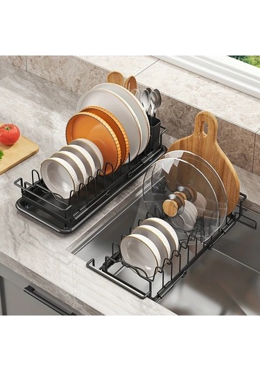 Fastbuy Modern Siyah Mutfak Tezgahı Kurutma Rafı, Ayarlanabilir Bulaşık Süngerliği, Siyah Siyah