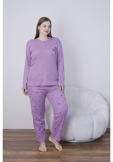 Lindros Kadın Pamuk'lu Düğme Yaka Raporlu İnterlok Kışlık Battal Pijama Takımı 05141 - 1 Adet Mor