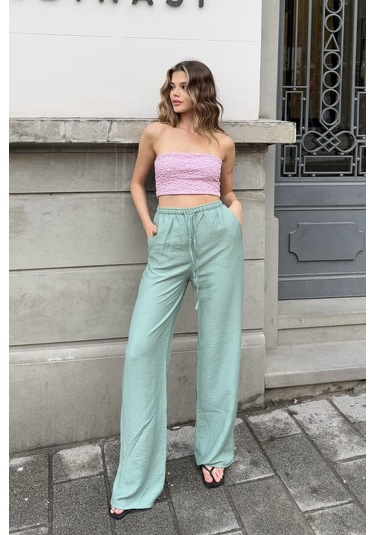 Pembe Keten Karışımlı Bol Kesim Pantolon Nil Yeşili