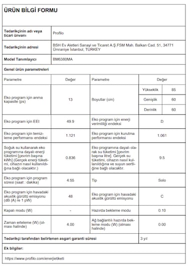 Profilo BM6380MA 6 Programlı 13 Kişilik Bulaşık Makinesi