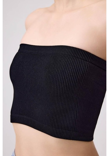 Cottonhill Premium - Kadın Siyah Seamless Straplez Crop Top Büstiyer Siyah