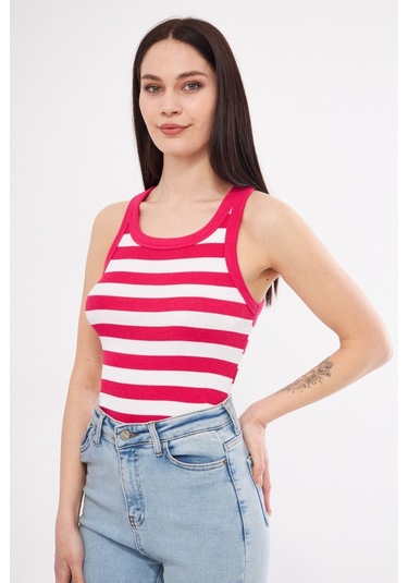 Mea Capio Kadın Çizgili Fitilli T-shirt Halter Yaka Örme Atlet Pembe - Pembe