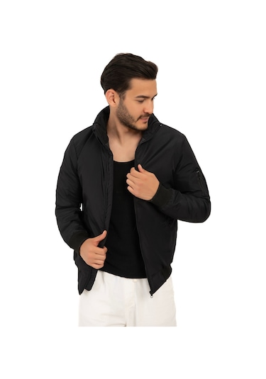 Riverstorm Erkek Siyah İçi Astarlı Dik Yaka Mevsimlik Cepli Su Ve Rüzgar Geçirmez Yağmurluk Siyah