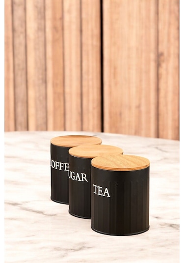 3 Lü Ahşap Kapaklı Metal Saklama Kutusu Çay Kahve Şeker Kavanoz Saklama Kabı Siyah