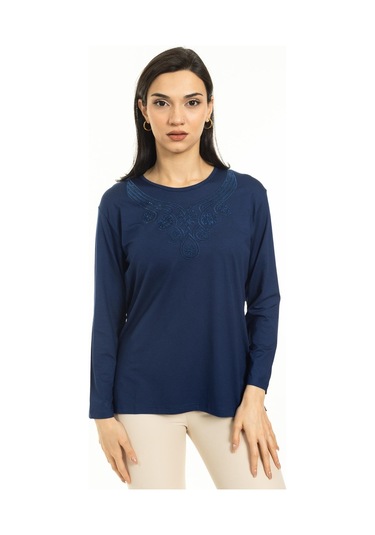 Kadın Orta Yaş Ve Üzeri Yeni Model Yuvarlak Yaka Likralı Anne Penye Bluz 30550-indigo