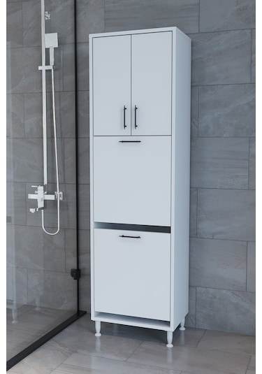 Makbulce Nergiz Beyaz Ve Renkli Kirli Çamaşır Sepetli Çok Amaçlı Banyo Dolabı Beyaz