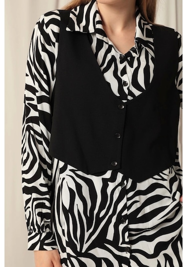 Saklımoda Viskon Kumaş Yelekli Kadın Zebra Gömlek Çok Renkli