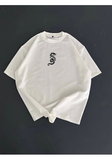 Baskılı Oversize Bisiklet Yaka T-shirt - Beyaz Beyaz