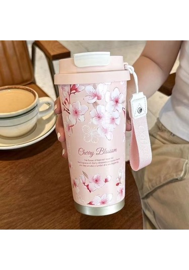 Suzuka Orkide Paslanmaz Çelik Kahve Fincanı 316 Yük Çift İçme Termos Bardak Yüksek Değerli Su Bardağı Yaz Bahçe Kahve Fincanı-pembe Kiraz Çiçeği