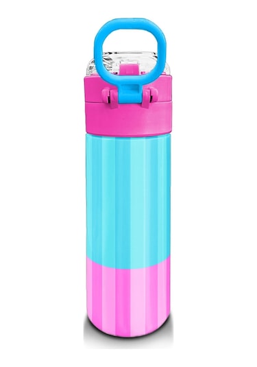 Coral High Kids Renkli Çizgili Desenli Pipetli Ve Direkt İçim Çelik Termos 500 Ml 31987 Pembe - Mavi