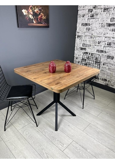 Roma Ceviz Mutfak Yemek Masası Balkon Masası Kavisli Köşe Metal Siyah Ayak 80 Cm