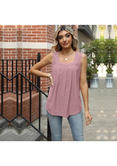 Novahub Koyu Pembe Gmxıa Kadın Modası Günlük Düz Renk Baskı Kolsuz Kare Yaka Bluzlar Ve Gömlekler - S Pembe