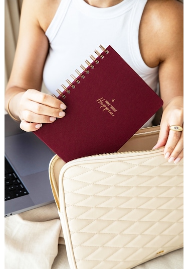 A5 Spiralli Sert Kapak Keten Kareli Tarihsiz Not Defteri Bordo Bordo