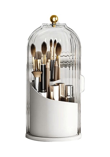 Ganzhoushop Kapaklı Makyaj Fırçası Tutucu Düzenleyici, 360 Dönebilen Şeffaf Toz Geçirmez Makyaj Fırçaları Düzenleyicibeyaz