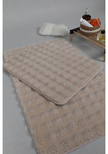 Modern Bubble Yıkanabilir Kaymaz Peluş Banyo Paspası Halısı 2'li Klozet Takımı 50x80-50x40cm Açık Bej