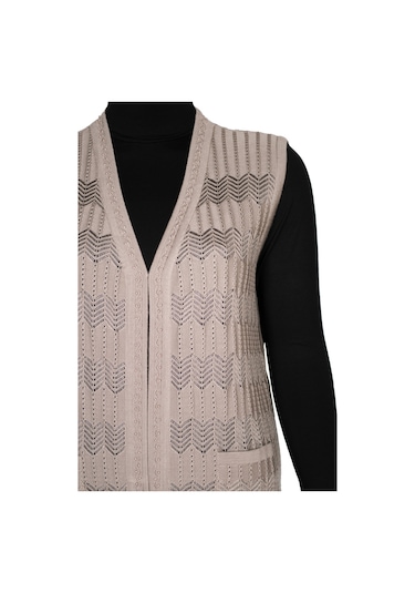 Hesna Kadın Gökçe Triko Ajurlu Boncuklu Cepli Taş Beji Yelek Bej