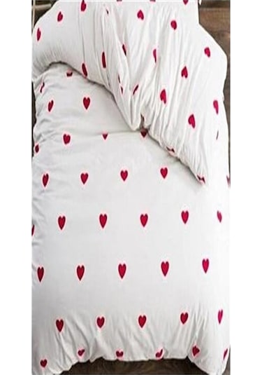 More Home Tek Kişilik Lastikli Çarşaf Nevresim Takımı Kalp Desenli Beyaz Kırmızı Beyaz - Kırmızı