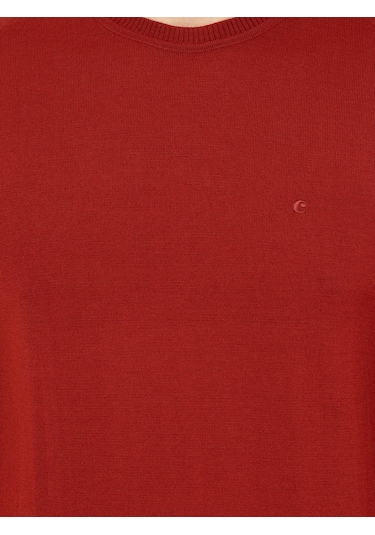 Cacharel Koyu Kiremit Slim Fit Bisiklet Yaka Basic Triko Kazak Kırmızı