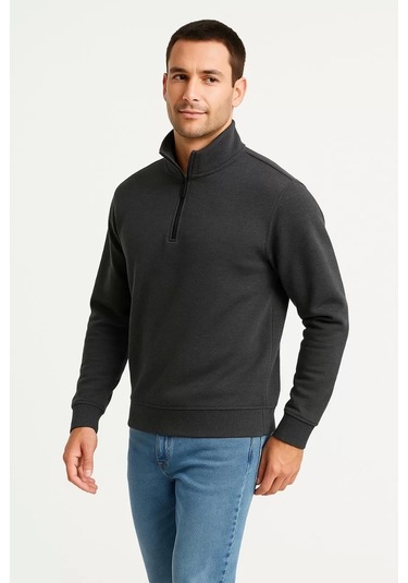 Erkek Dik Yaka Sweatshirt Dik Yaka Yarım Fermuarlı 3 İplik Şardonlu Pamuk Kumaş - Antrasit Antrasit
