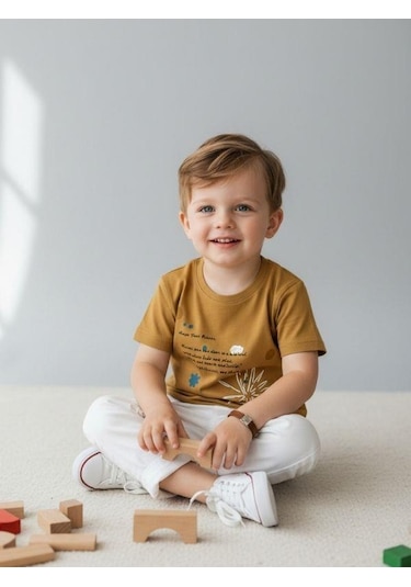 Zekids Erkek Bebek Pamuklu Baskılı T-shirt-16931 Sarı