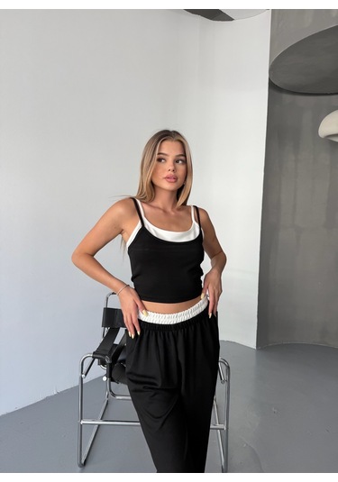 Kadın Çift Kat Detaylı Modal Dokulu Alt Üst Takım Siyah