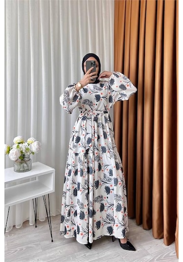Neşeli Butik Kadın Keten Desenli Tesettür Elbise Sms002 - Siyah Siyah