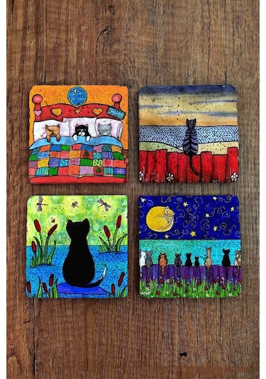 Doğaltaş Bardak Altlığı 4'lü Set - 10x10x1 Kedi Baskılı - Stone Coasters Çok Renkli