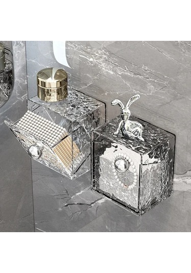 Yifomall Banyo Dolap Çeşitli Gereçleri Saklama Kutusu Duvar Montajlı Örtülü Taşınabilir Estetik Gri Beyaz Tavşan Desenli 1l Hacimli Organizatör Diğer