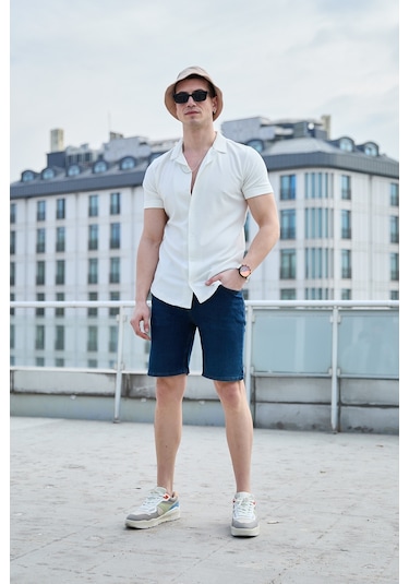 İndigo Renk Yıkamalı Erkek Kot Şort-1475 İndigo