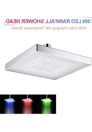 Pazly Led Yağmur Duş Başlığı Kare Otomatik Rgb Renk Değiştiren Sıcaklık Sensörlü Banyo Duşu Gümüş