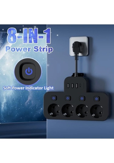 Besthome1 8 Adet Güç Şeridi 4 Ac Çıkışı 3 Usb 1 Type-c Siyah Kısa Kablo Bağımsız Anahtar