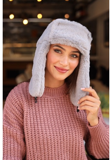 Çıtçıtlı Kürklü Kulaklıklı Peluş Bere Şapka Rkş-03 Gri Gri