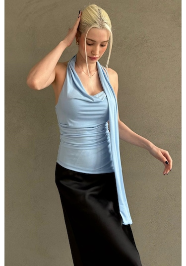 Madmext Mavi Degaje Yaka Atkılı Şık Kadın Bluz Mg2650