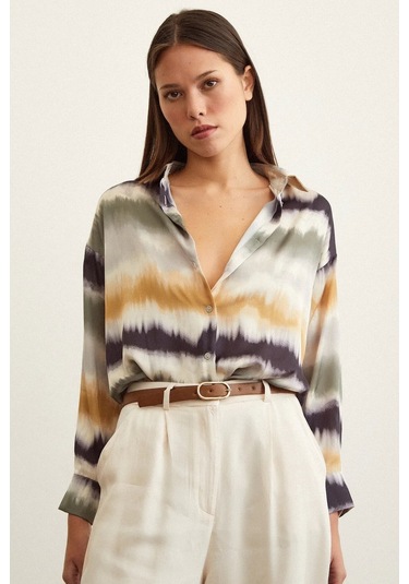 Kadın Uzun Kol Sulu Boya Desenli Renkli Pamuk Saten Premium Kalite Spor Şık Gömlek Haki