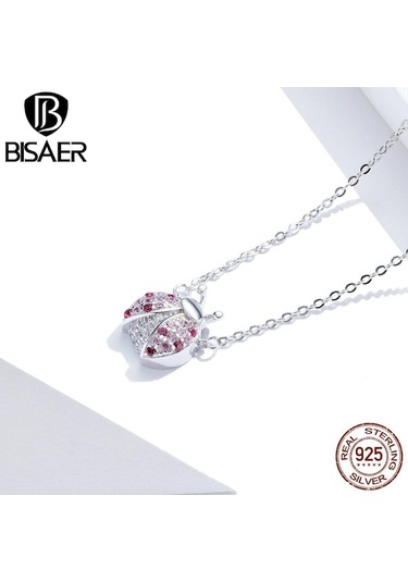 Novahub Bısaer Yüksek Kalite 100% 925 Ayar Gümüş Pembe Kübik Zirkonya Kadın Uğur Böceği Kolye Takı - 45 Cm Gümüş